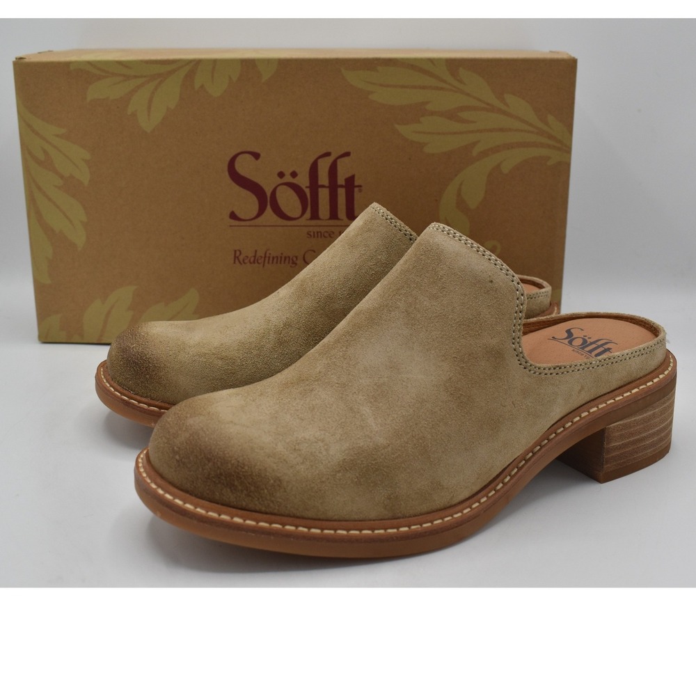 Sofft Trinity Clog Mule Womens 7 Barley Tan Suede New Distressed Block Heel
